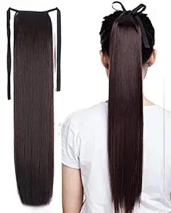 ALX Synthetic Straight Ribbon tie up Wrap around Ponytail Long Hair Extension (Brown) 22 inch Long Ponytail Hair Extension For Women , Pack of 1 juda choti wig, Punjabi Parandi /Braid Hair Accessories For Women/Girls