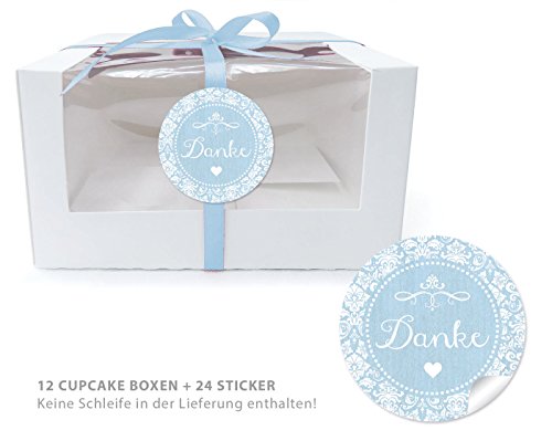 12 CUPCAKE PATISSERIE BIO BOXEN + 24 AUFKLEBER: 12 Geschenk-Boxen mit Sichtfenster (Muffin Box/ Gift Box / Schachtel / Aufbewahrungsbox) und 24 Aufkleber "DANKE" HELLBLAU mit Ornamente im "Packpapier-Look" • Optimal für selbstgemachtes Weihnachtsgebäck, Schokolade, Hochzeitsmandeln Weihnachtsgeschenke, Gastgeschenk zur Hochzeit und für viele weitere Anlässe: Taufe, Geburtstag, Muttertag, Ostern • Flach liegend geliefert, faltbar • Format: Länge 13cm x Breite 11cm x Höhe 8cm