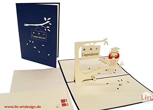 LIN-POP UP Grußkarten 3D Karten Glückwunschkarten zur bestandenen Prüfung, Eule mit Doktorhut (Engl.) - 4