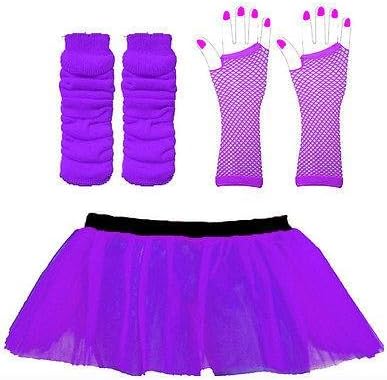 WICKD LADIES NEON TUTU SKIRT OUTFIT WITH LEGWARMERS AND FISHNET GLOVES - 2 SIZES 8-22 UK (Purple, 16-22 UK)