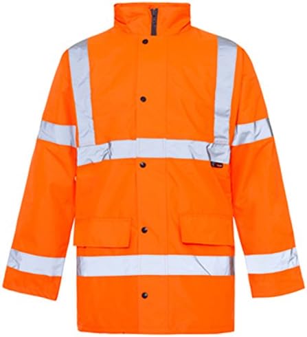 Hi Viz 3/4 Length Parka Reflective Tape Waterproof Quilted Railway Work Jacket Coat High Vis Safety Workwear Security Road Works Concealed Hood Fluorescent Flashing EN471