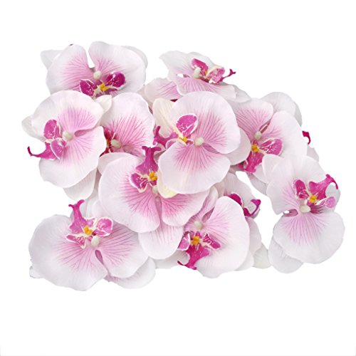 Generic 20x Kunstblumen Orchidee Blumen Köpfe , Schmetterlingsorchidee Blüten Blumenköpfe Hochzeit Dekoration – Weiß mit Lila, 9cm - 8