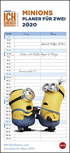 Minions Planer für zwei. Wandkalender 2020. Monatskalendarium. Spiralbindung. Format 16 x 34,7 cm