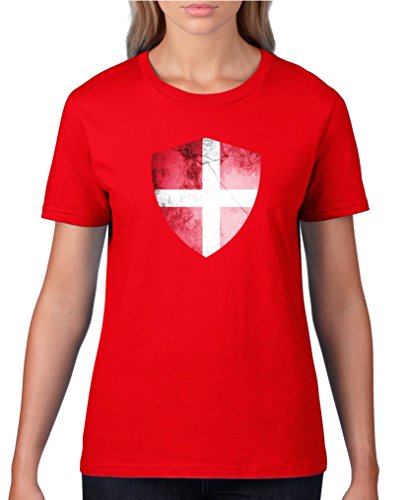 Comedy Shirts – Dänemark Trikot – Wappen: Groß – Wunsch – Damen T-Shirt – Rot / Weiss Gr. M