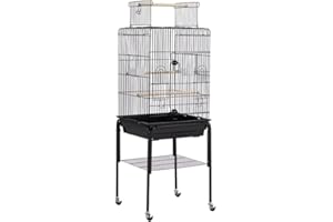 Abician Cage à Perruches avec Support Roulant, Cage à Oiseaux sur roulettes avec Étagère de Rangement, pour Les Petits Oiseaux, Cockatiels, Conures, Inséparables, Canaris, 136cm de Haut Noir