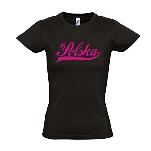 Damen T-Shirt – Polen Oldschool Polska LÄNDERSHIRT EM / WM FAN Trikot S-XXL , Deep black – pink , M
