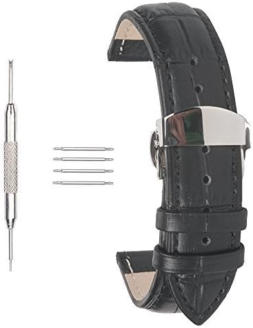 ACUNION™ 22mm Calf Leather Watch Strap Push Button Butterfly Deployment Buckle Watch Band - Black