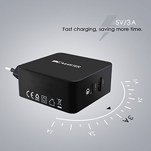 USB-C USB Ladegerät, BC Master Quick Charge 3.0 34.5W 2 Port Schnellladegerät (USB-A+Typ-C Port)für Samsung,Iphone,LG G5,HTC 10,New Macbook,Google Chromebook und Mehr – Schwarz(mit USB Kable) - 4