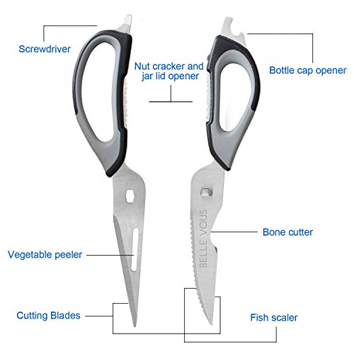 7-in-1 Magnetische Küchen Schere mit Etui von Belle Vous – Edelstahl Auseinandernehmbare Schere zum Schneiden von Fleisch, Knochen, Kräutern, Pizza, zum Schälen von Gemüse, zum Öffnen von Flaschen und noch mehr! – Spülmaschinenfest - 4