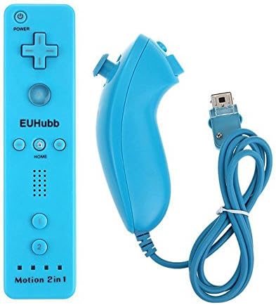 EUHubb Blue Wii Remote Controller with Built-in Motion Plus And Nunchuk Set for Nintendo Wii &amp; Wii U Game [Includes Silicone Case + Wrist Strap]
