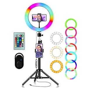 RGB Selfie Ring Light with Stand: 10 Inch Remote Control LED Circle Ringlight with Tripod & Phone Holder for Video Record & Photography Lighting iPhone Filming & Live Streaming for YouTube TIK Tok