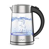 VAVA Glas Wasserkocher mit Edelstahl - Deckel, Schnelles Wasserkochen für Tee und Kaffee, LED-Beleuchtung, Cool-Touch-Griff, Auto-Abschaltung, Trockenlaufschutz, 1,7L, 2200W