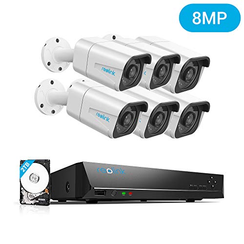 Reolink 4K Ultra HD 8CH PoE Système de Caméra de Sécurité, 6 Caméras IP PoE Extérieures 8MP Filaires, 8Canaux NVR avec Système de Vidéo Surveillance HDD 2To Kit pour Enregistrement 24hx 7j RLK8-800B6