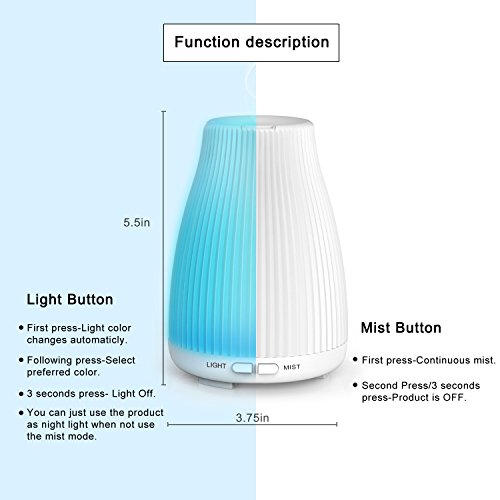 Ultraschall Aroma Diffuser Aromatherapie Diffusor Öl Diffusor-100mL Luftbefeuchter Leiser Betrieb Kalten Nebel Technologie Abschaltautomatik Raumbefeuchter mit 8 LED Farbwechsel Stimmungslicht Nachtlicht für Wohnzimmer, Kinderzimmer, Schlafzimmer, Baby- und Yogazimmer, SPA, Büro usw - 6