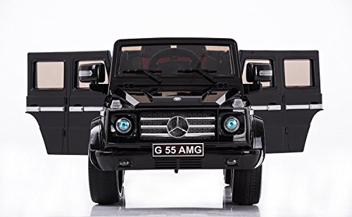 Kinder-Elektroauto Mercedes G AMG, schwarz lackiert, original lizenziert, batteriegetrieben, zwei Motoren, 12 V Akku, Fernbedienung, Weiche EVA Räder