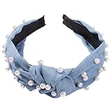 Bande De Cheveux,La Mode Vintage Tempérament Baroque De La Litière De Luxe Imitation Denim Bleu Tempérament Noués À L'Échelle De La Personnalité Pearl Bandeau Épais Maquillage Banquet Bandes Cerceau A
