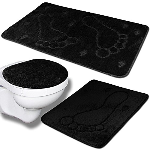 Badvorleger – Duschmatte – Badezimmer-Set 3tlg Mono Fuß – Farbauswahl (schwarz) - 2
