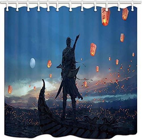 Rrfwq Anime Shower Curtains Cool Japanese Ninja Hidden Warrior Sky Lantern Mildew Resistant Polyester Fabric Bath Curtain Bathroom Shower Curtain Set with Hooks 180X180CM Bathroom Accessories