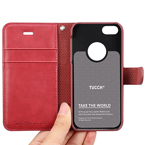 iPhone SE Case, iPhone 5s Leather Case, TUCCH [Lifetime Warranty] [FREE Tempered Glass Protector] Retro Leather Wallet Case with Detachable Hand Strap, Built-in Hidden Pocket Card Slots Magnetic Closure Flip Case for iPhone SE/5S/5 -Wine