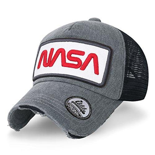 ililily NASA Worm Logo Embroidery Baseball Cap Mesh Snap Back Trucker Hat, Grey