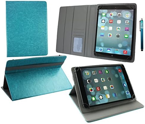 Emartbuy® Polaroid Infinite + 9 Inch Tablet Universal ( 9 - 10 Inch ) Turquoise Premium PU Leather Multi Angle Executive Folio Wallet Case Cover Grey Interior With Card Slots + Turquoise Stylus