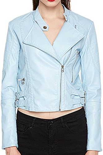 QJH Women's Slim PU Leather Motorcycle Jacket Blue