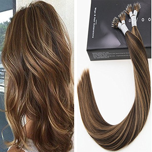 LaaVoo 18 Inch 100% Remy Human Hair Nano Ring Dark Brown with Caramel Blonde #4P27 100% Brazilian Human Hair Extensions 1g per Strand Total 50 Strands