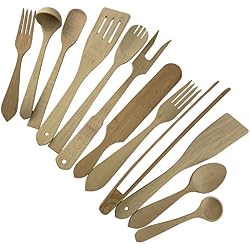 Procart Lot de 12 ustensiles de Cuisine en Bois de hêtre avec cuillères, spatules, fourchettes, louche et ustensiles de Barbecue, Bois Naturel