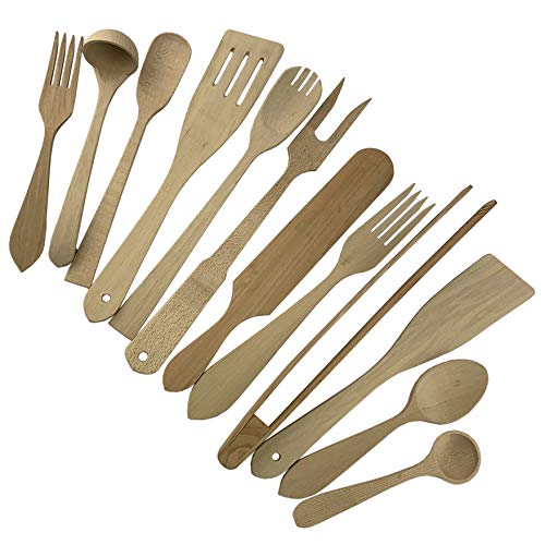 Procart Lot de 12 ustensiles de Cuisine en Bois de hêtre avec cuillères, spatules, fourchettes, louche et ustensiles de Barbecue, Bois Naturel