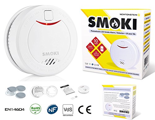 Preisvergleich Produktbild Smoki - Fotoelektronischer Rauchmelder, 10 Jahre Lithium-Batterie, einfache Magnetanbringung (keine Schrauben), EN14604, ROHS, VDS & CE zertifiziert (Sprache manuelle Mehrfach)