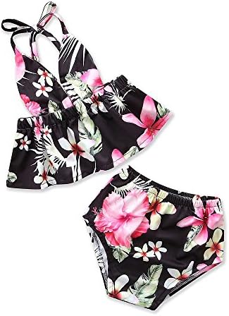 Samgami Baby Girls Beach Swimwear Swimsuit Toddler Summer Flower Print Tops Briefs Shorts Set (tag：4T/3-4Y, Black)