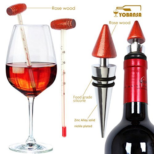 yobansa 3 in 1 Kellner-Korkenzieher, 5 Stück Wein Zubehör Set, Flaschenöffner, Wein Stopper, Wein Ausgießer, Wein Ring und Thermometer-Set in Holzbox Reddish Box M5pcs - 4
