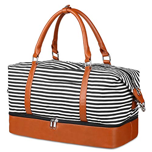 Bolsa de Viaje para Mujer, Bolsa de Viaje Nocturno, Bolso de Mano con decoración de Piel sintética, Bolsa de Lona de Gran Capacidad, Bolsa Cruzada con Compartimento para Zapatos (Rayas Blancas/Negro)