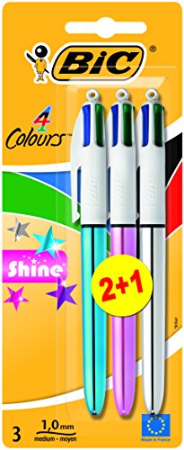 Bic 4 Colour Shine Kugelschreiber, 2er-Pack plus 1 Stück gratis,farblich sortiert