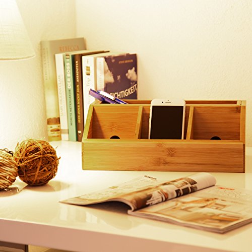 Relaxdays Schreibtisch-Organizer aus Bambus H x B x T: ca. 11 x 30 x 17,5 cm inklusive Handyhalter auch als Ladestation Aufbewahrungsbox für den Schreibtisch Organizer im Büro mit 5 Fächern, natur - 2