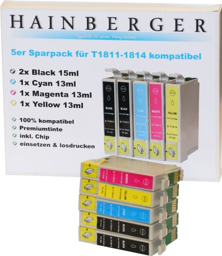 5er Set Hainberger Druckerpatronen für Epson T1811, T1812, T1813, T1814 XL - 2x black je 15ml, 1x je C,M,Y 13ml, kompatibel zu T1811 - 14 .Expression Home XP30, XP102, XP202, XP205, XP302, XP305, XP402, XP405