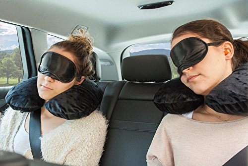 Nackenkissen Reisekissen aufblasbar – Nackenhörnchen fürs Flugzeug mit Fleece-Bezug, gratis Schlafmaske & Ohrstöpseln von Globeproof® - 2
