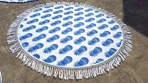 Blue Pineapple Roundie Indian Mandala Round Roundie Beach Throw Tapestry Hippy Boho Gypsy Cotton Tablecloth Beach Throw , Round Yoga Mat By Fairdecor
