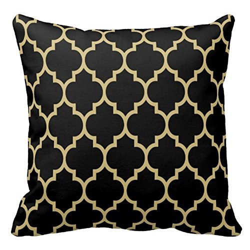 Cotton Square Decorative Throw Pillow Case Cushion Cover Reversible Black And Gold Tan Quatrefoil Pattern Pillow Cover 16" x 16"