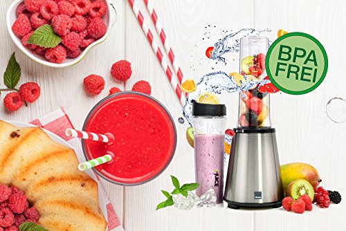 Sänger Smoothie Maker 300 Watt Leistung 6 tlg. | 3 Minuten Dauerlaufzeit | Standmixer mit 21.000 U/min | 2x 100% BPA-freie 600 ml Tritan-Trinkflaschen | Scharfe 4-Fach Edelstahlmessereinheit - 6