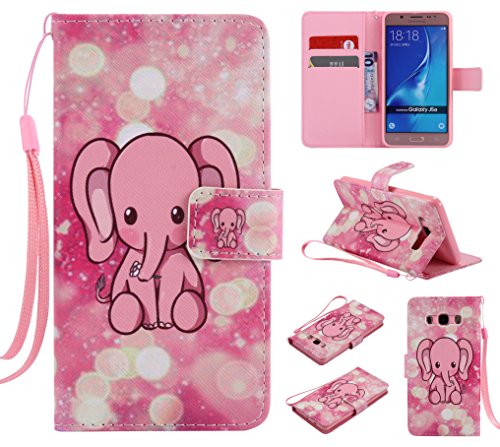 Feeltech Samsung Galaxy J510/J5 2016 Hülle PU-Leder und Brieftasche Bunte Muster Fall mit Magnetverschluss, Hybrid-Kickstand mit Stand-Funktion, schlagen Sie schützende weiche TPU Stoßstangenabdeckung und Kreditkartenhalter für Samsung Galaxy J510/J5 2016 Handgelenk Bügel-Buch-Art-Geldbeutel-Tasche mit 2 In 1 Berühren Sie Stift – Rosafarbener Elefant - 9