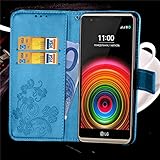 Handyhülle LG X power, K220 Hülle Tasche, Ougger Kunst Blatt Beutel BriefHülle Tasche Bumper Schale Schutzhülle PU Leder Weich Magnetisch Silikon Haut Flip Cover mit Kartenslot (Blau) - 