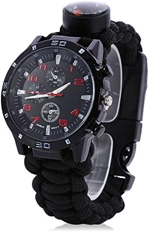 Men Women Emergency Survival Watch with Paracord,Compass,Whistle,Fire Starter, Analog Watches, Survival Gear,Water Resistant ,Adjustable (Black)