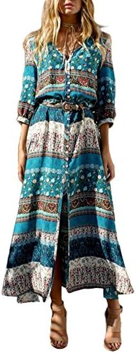 KE1AIP Womens Boho V Neck Floral 3/4 Sleeve Side Slip Tie-Waist Long Sleeve Floral Maxi Long Dress (XXL, Green)