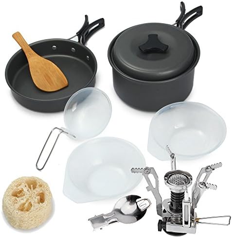 TANBURO Camping Cookware Kit for Outdoors Backpacking Gear &amp; Hiking Cooking Equipment 10 Pieces Cooking set - Compact &amp; Durable Non-stick Pots, Frying pan, Gas Stove