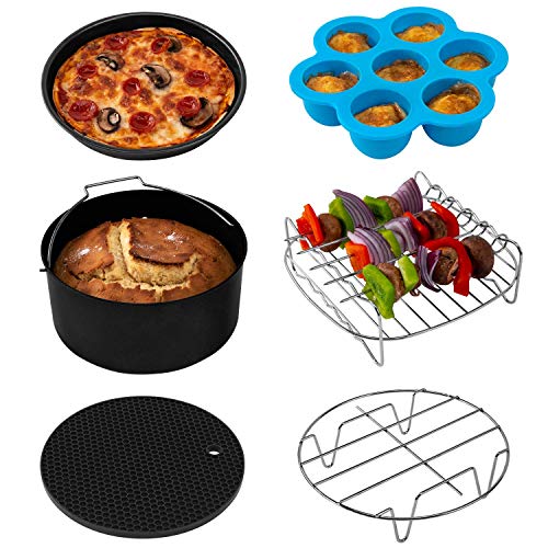 Cosori Accessoires de Friteuse sans Huile 5,5 Litre, Plateau à Pizza/Corbeille à Pain/Support en Métal/Moule à Cake/Grille de Cuisson/Cuisson à la Vapeur, C158-6AC