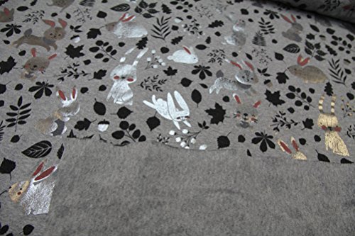 Stoff / Kinder/ Meterware / ab 25cm / beste Jersey-Qualität / Jersey Hase Glitzer silber / schwarz auf grau meliert - 4