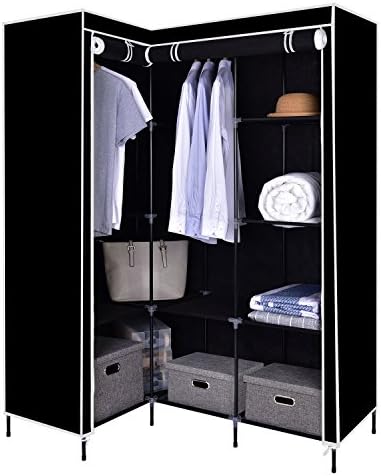 Funime Canvas Wardrobe, Corner Wardrobe L Shaped Canvas Wardrobe Clothes Cupboard Hanging Rail Storage Shelves 124x169cm (Black)