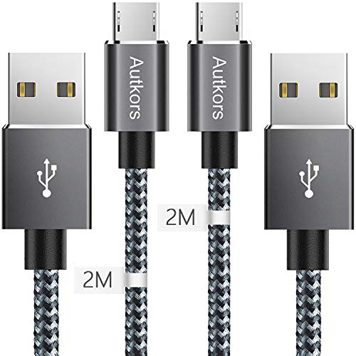 Autkors Cable Micro USB, [2-Pack 2M] Carga Rápida Micro USB Trenzado de Nylon para Android, Samsung Galaxy, Kindle, Sony y más - Gris Espacial