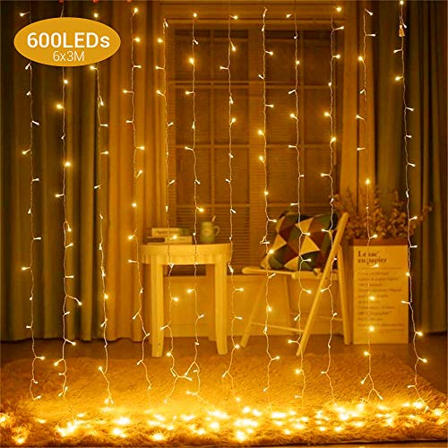 Cortina de luces led 6 * 3m 600led en cadena de luz end-to-end impermeabilidad ip44 8 programas para navidad